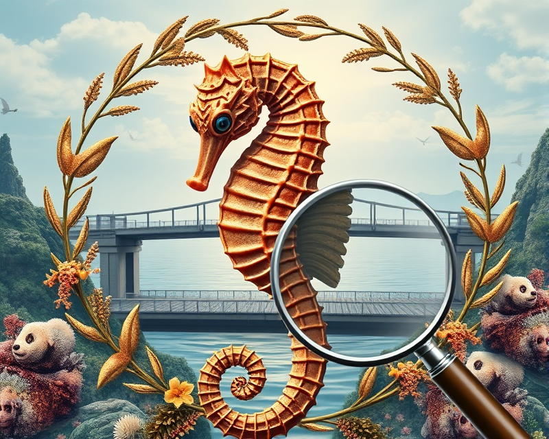 seahorse, bridge, wreath, panda, magnifying glass